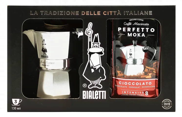 Гейзерная Кофеварка Подарочный набор Bialetti Moka Express 3 порции+кофе Шоколад-0